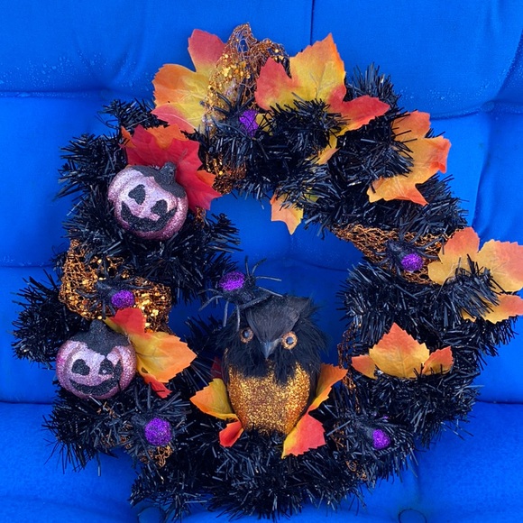 Other - Custom By MeHalloween Wreath Orange Wrap Owl TwoPumpkins SixSpiders AutumnLeaves